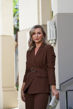 Load image into Gallery viewer, ALANA DOUBLE BREASTED BELTED STRIPED BLAZER- BROWN
