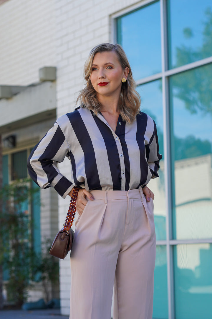 AUDREY SATIN STRAIGHT FIT STRIPED BLOUSE- CREAM AND BLACK