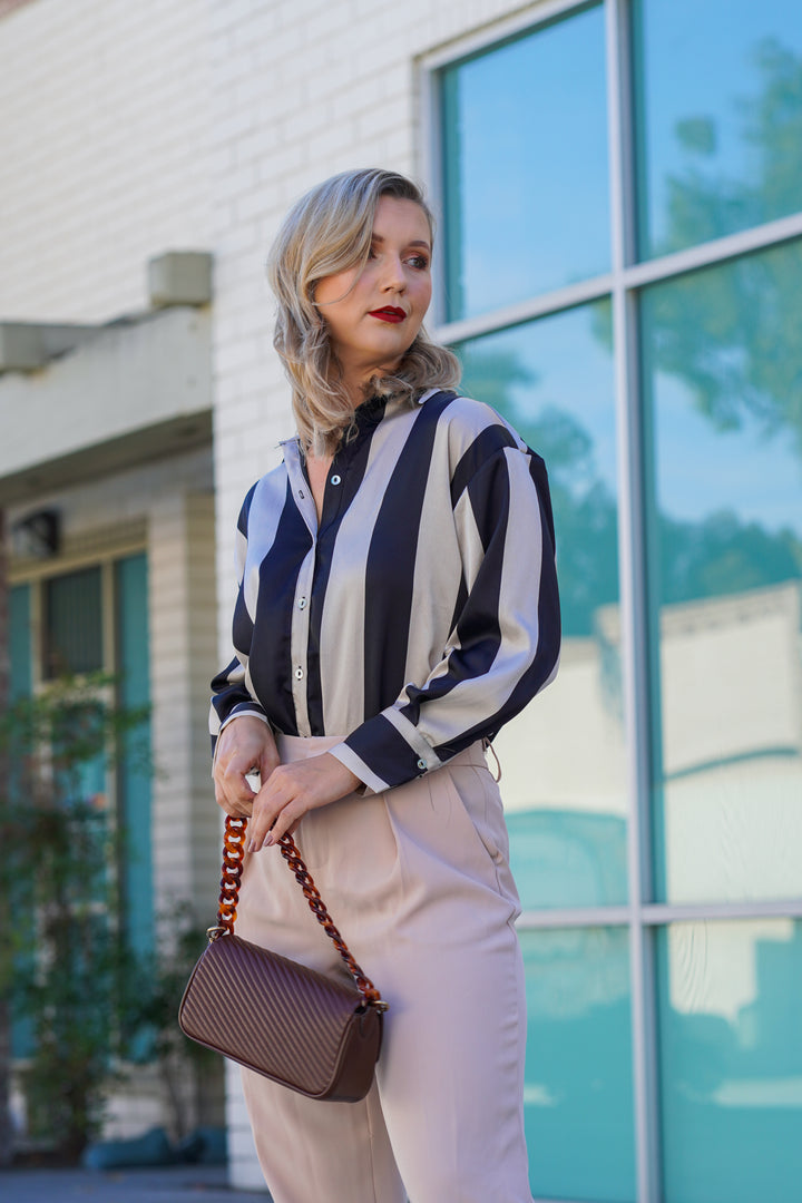 AUDREY SATIN STRAIGHT FIT STRIPED BLOUSE- CREAM AND BLACK