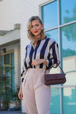 Load image into Gallery viewer, AUDREY SATIN STRAIGHT FIT STRIPED BLOUSE- CREAM AND BLACK