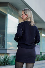 Load image into Gallery viewer, AVA STRAIGHT FIT CREW NECK SWEATER WITH PEARL  SLEEVES- BLACK