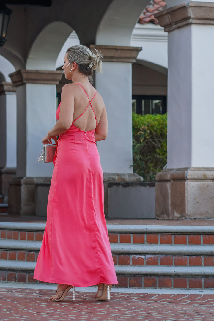 Angelica maxi strappy dress with front slit- hot pink