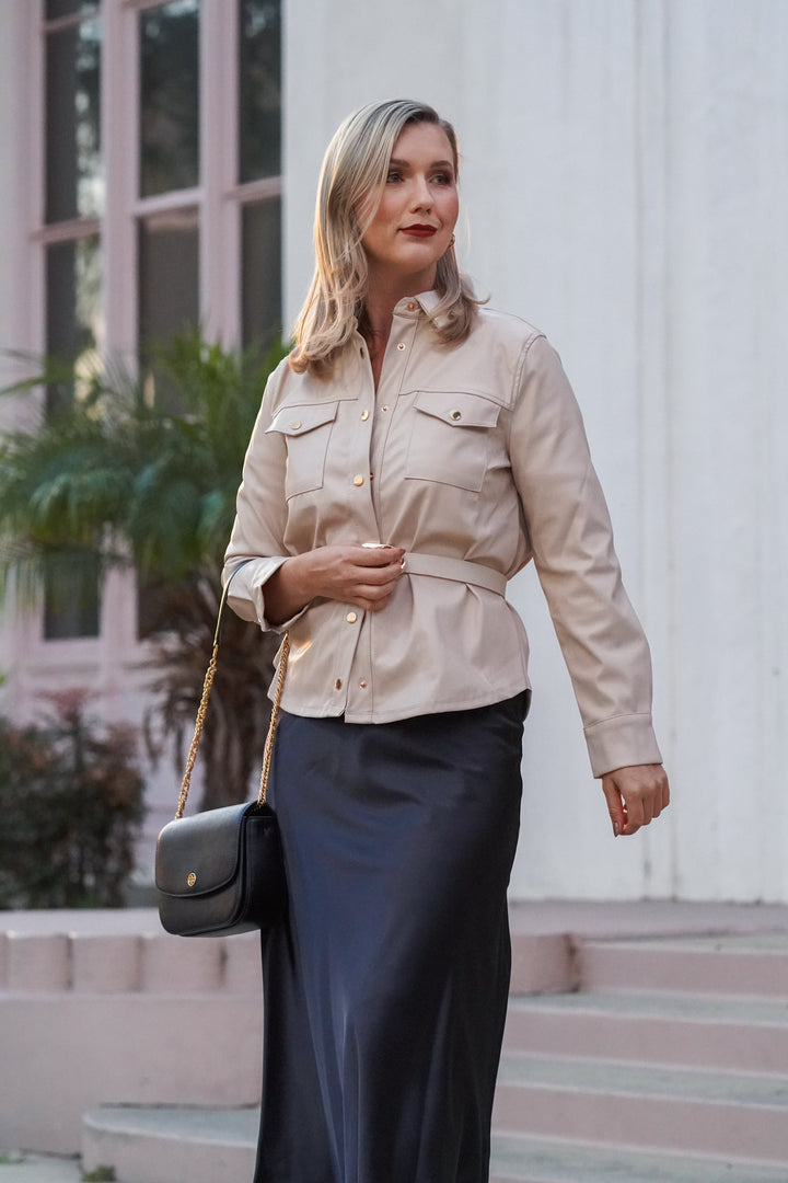 BRIELLA FAUX LEATHER OVERSHIRT- OFF WHITE