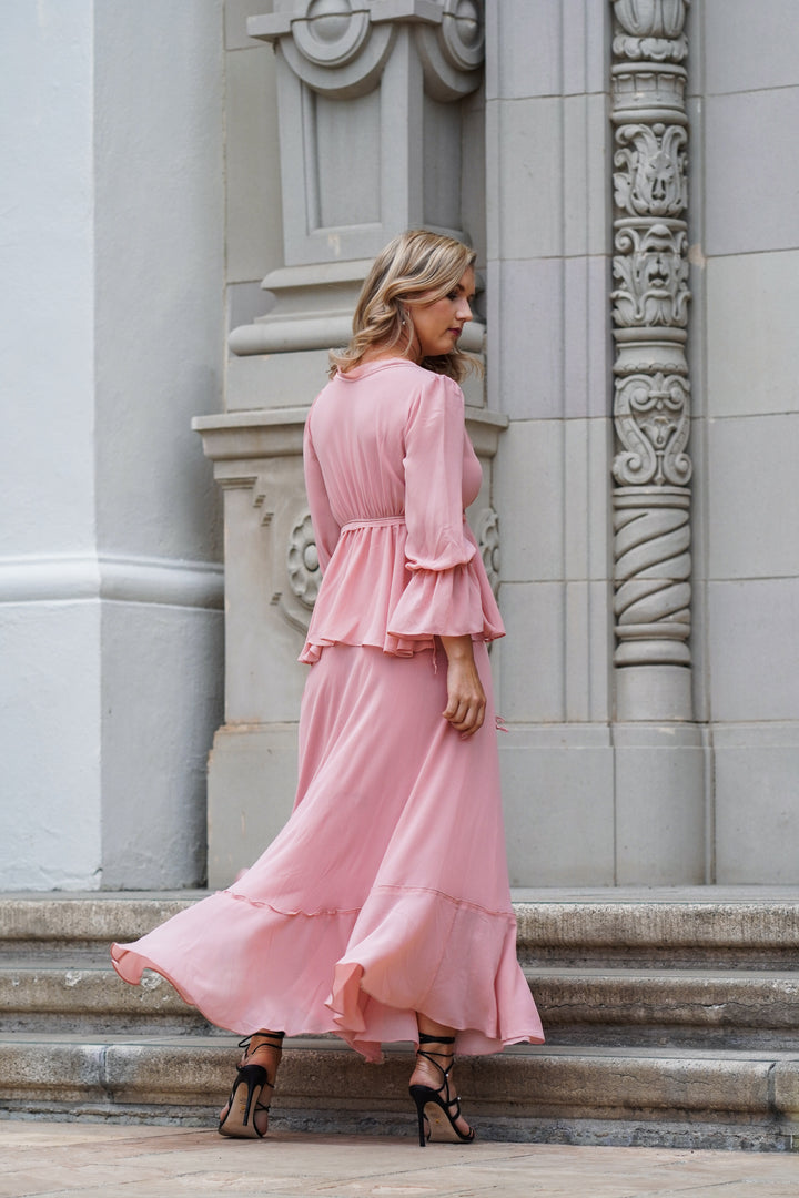 CHLOE MAXI RUFFLED DRESS WITH A SLIT- PINK