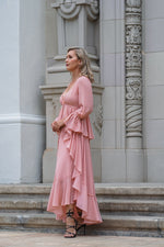 Load image into Gallery viewer, CHLOE MAXI RUFFLED DRESS WITH A SLIT- PINK