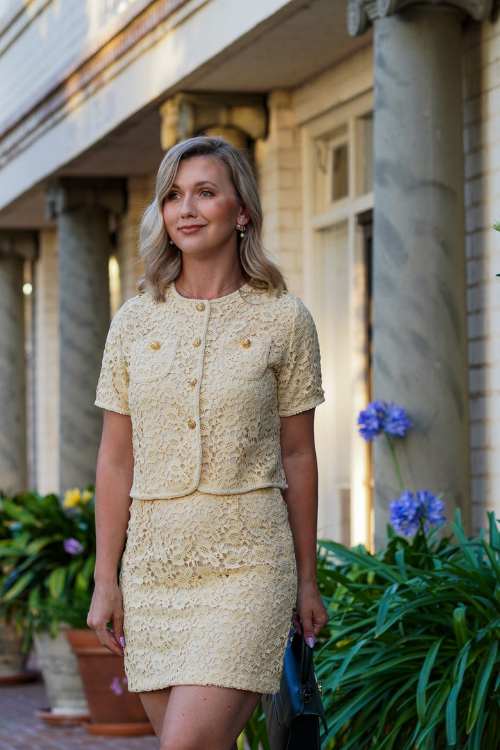 Camila lace short sleeve top with gold buttons- Light Yellow