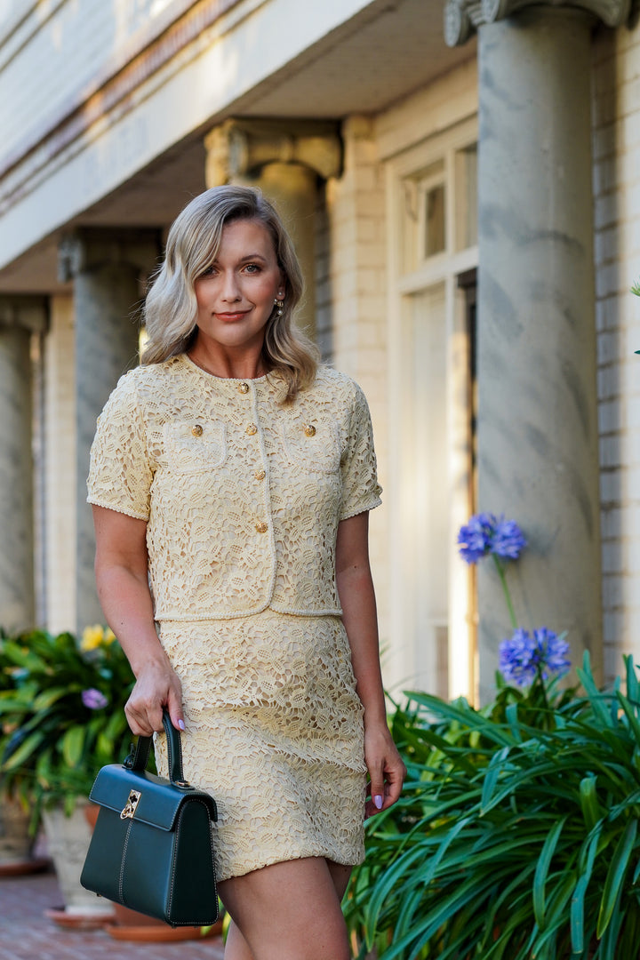 Camila lace short sleeve top with gold buttons- Light Yellow