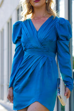 Load image into Gallery viewer, DIANA SATIN MINI DRESS WITH PUFF SLEEVES- TURQUOISE
