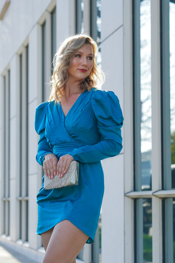 DIANA SATIN MINI DRESS WITH PUFF SLEEVES- TURQUOISE