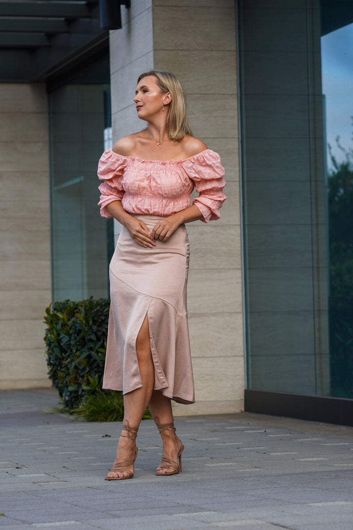 ELIZA SATIN MIDI SKIRT WITH A SLIT- PINK BLUSH