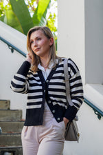 Load image into Gallery viewer, FINLEY STRIPED STRAIGHT FIT BUTTON DOWN CARDIGAN- BLACK AND CREAM
