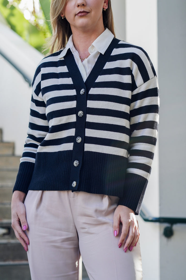 FINLEY STRIPED STRAIGHT FIT BUTTON DOWN CARDIGAN- BLACK AND CREAM