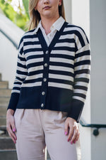 Load image into Gallery viewer, FINLEY STRIPED STRAIGHT FIT BUTTON DOWN CARDIGAN- BLACK AND CREAM