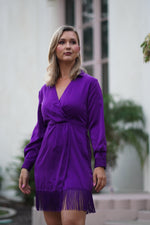 Load image into Gallery viewer, GABRIELA MINI SATIN WRAP DRESS WITH FRINGE DETAIL- PURPLE