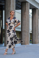 Load image into Gallery viewer, GRACE MIDI SATIN DRESS WITH TULIP SLEEVES- BLACK AND WHITE