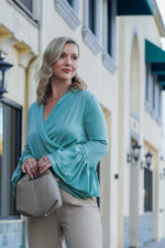 Load image into Gallery viewer, HANNAH WRAP BLOUSE WITH BELL SLEEVES- SAGE

