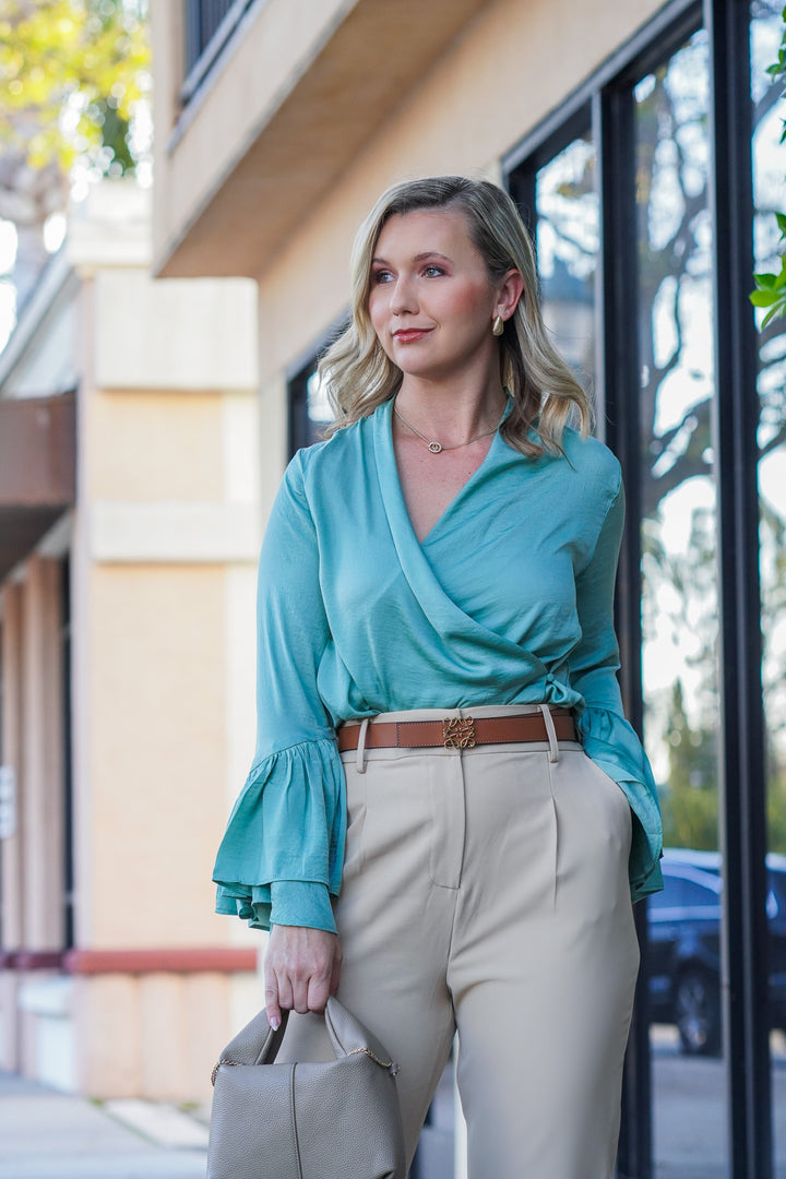 HANNAH WRAP BLOUSE WITH BELL SLEEVES- SAGE