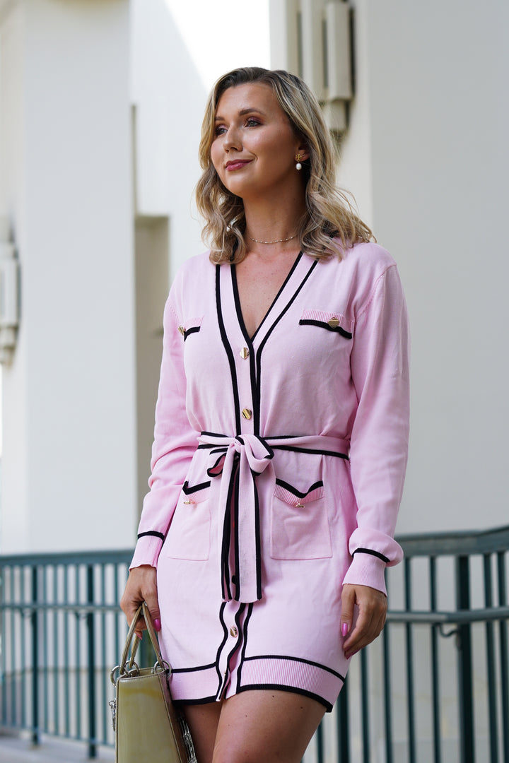 JOSIE LONG BELTED CARDIGAN DRESS- PINK AND BLACK