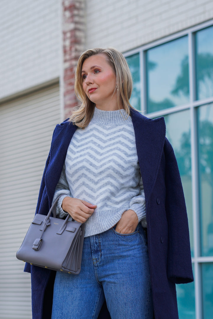 KAYLEE HIGH NECK SWEATER- GRAY AND WHITE