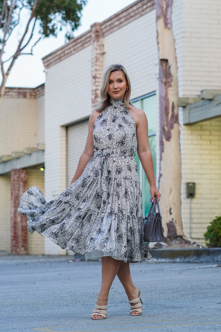 LETICIA HALTER NECK BELTED MIDI DRESS- BLACK AND WHITE