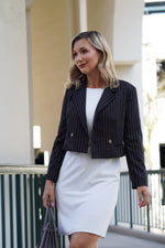 Load image into Gallery viewer, MILANI CROPPED PINSTRIPE DOUBLE BREASTED BLAZER- DARK BLUE