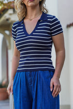 Load image into Gallery viewer, Paige polo neckline ribbed stripped shirt- Navy and White

