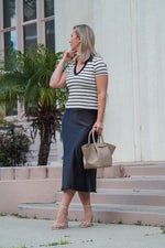 Load image into Gallery viewer, Paige polo neckline ribbed stripped shirt- White and Black
