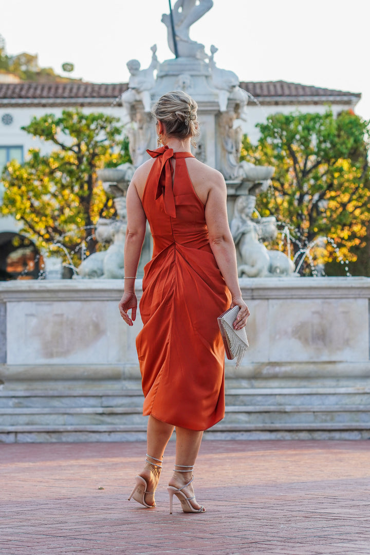 REGINA RUCHED SKIRT SATIN MIDI DRESS- BURNT ORANGE