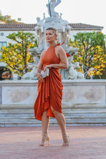 Load image into Gallery viewer, REGINA RUCHED SKIRT SATIN MIDI DRESS- BURNT ORANGE
