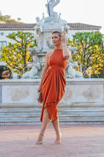 Load image into Gallery viewer, REGINA RUCHED SKIRT SATIN MIDI DRESS- BURNT ORANGE
