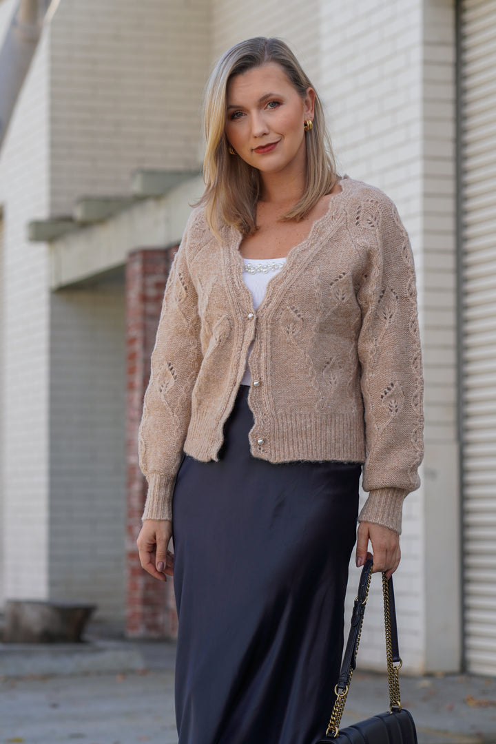 SANDRA OVERSIZED CARDIGAN WITH PEARL BUTTONS- BEIGE