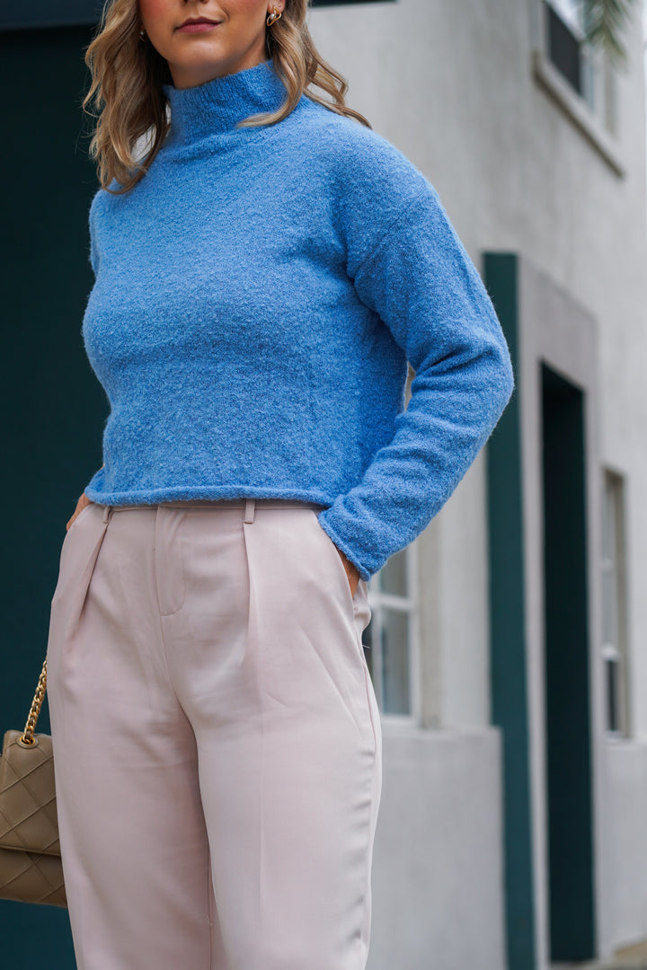 SCARLETTE HIGH NECK BOUCLE SWEATER- BLUE