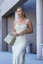 Load image into Gallery viewer, SIENNA SATIN MIDI DRESS WITH SIDE SLIT- OFF WHITE