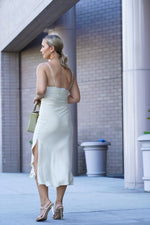 Load image into Gallery viewer, SIENNA SATIN MIDI DRESS WITH SIDE SLIT- OFF WHITE