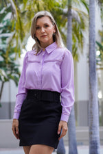 Load image into Gallery viewer, SIMONE TWEED TRIM BUTTON DOWN BLOUSE- LAVENDER