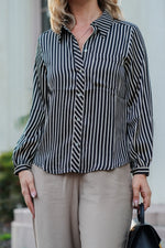 Load image into Gallery viewer, SYDNEY ONE POCKET STRIPED SATIN BLOUSE- CREAM AND BLACK