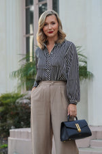 Load image into Gallery viewer, SYDNEY ONE POCKET STRIPED SATIN BLOUSE- CREAM AND BLACK