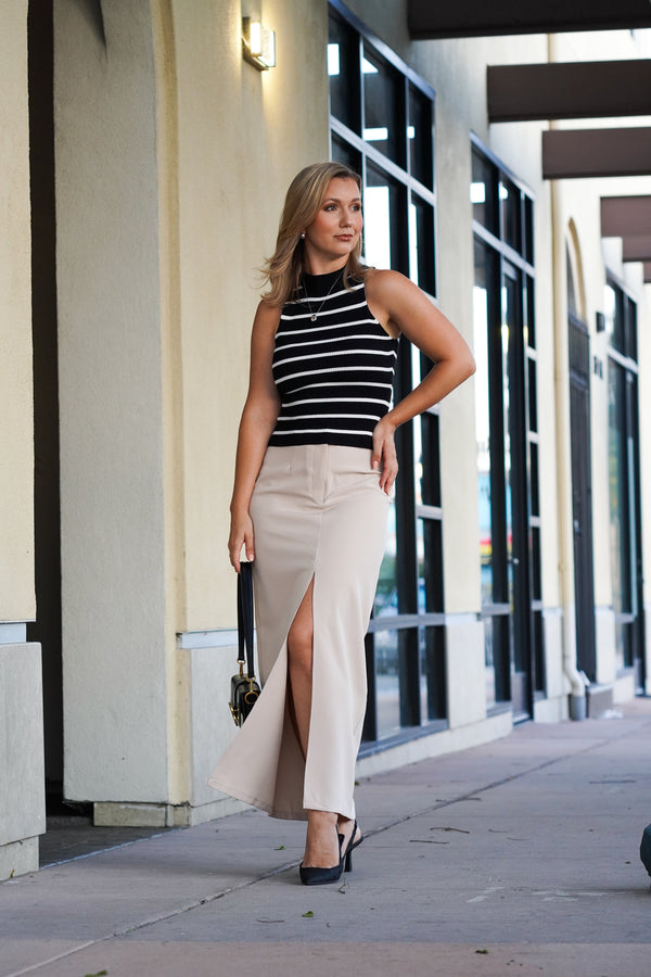 SYLVIE RIBBED SLEEVELESS STRIPED TOP- BLACK AND WHITE