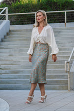 Load image into Gallery viewer, THEA SATIN MIDI SKIRT- GREEN PRINT
