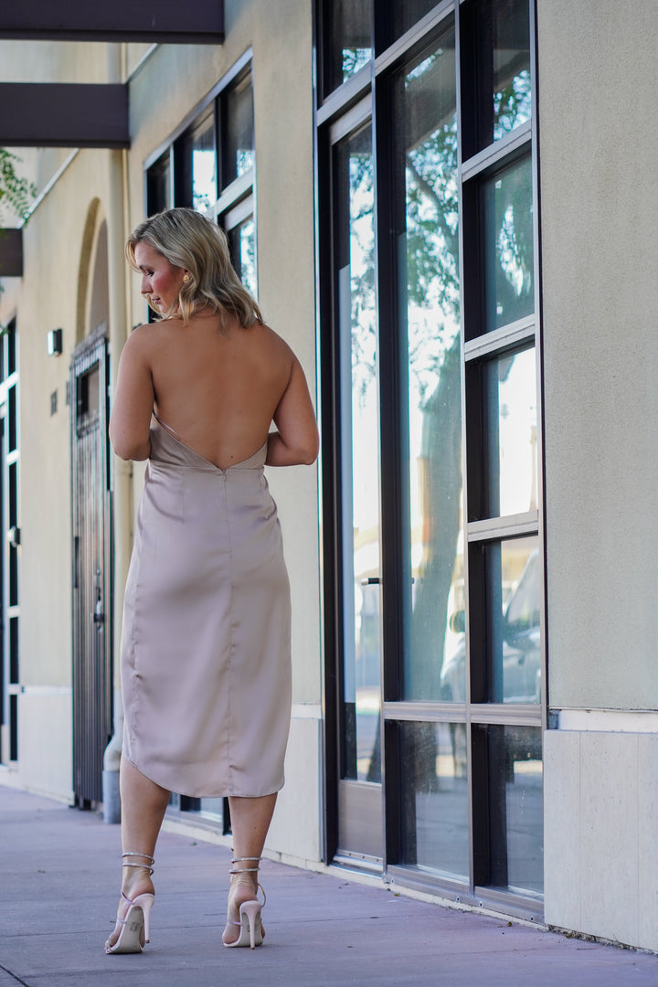 VALERIA SATIN V-NECK DRESS- NUDE