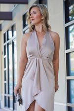 Load image into Gallery viewer, VALERIA SATIN V-NECK DRESS- NUDE
