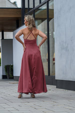 Load image into Gallery viewer, AVERY V-NECK FLOWY SATIN MAXI DRESS- BERRY

