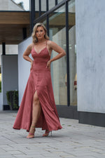Load image into Gallery viewer, AVERY V-NECK FLOWY SATIN MAXI DRESS- BERRY
