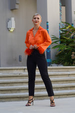 Load image into Gallery viewer, CELINE FEATHERS SATIN BLOUSE- ORANGE