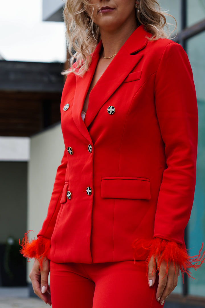 CHARLOTTE DOUBLE BREASTED BLAZER WITH FEATHER CUFFS- RED