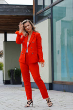 Load image into Gallery viewer, CHARLOTTE DOUBLE BREASTED BLAZER WITH FEATHER CUFFS- RED