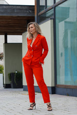 Load image into Gallery viewer, CHARLOTTE DOUBLE BREASTED BLAZER WITH FEATHER CUFFS- RED