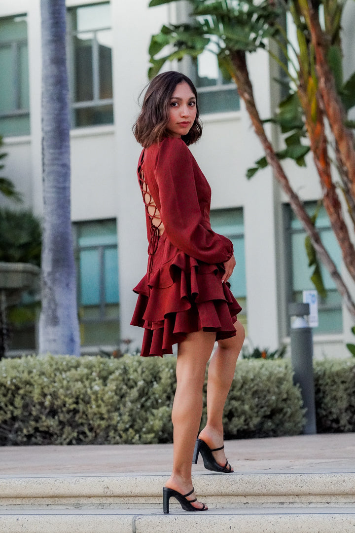 LONG SLEEVED LACE UP BACK DRESS- DARK RED