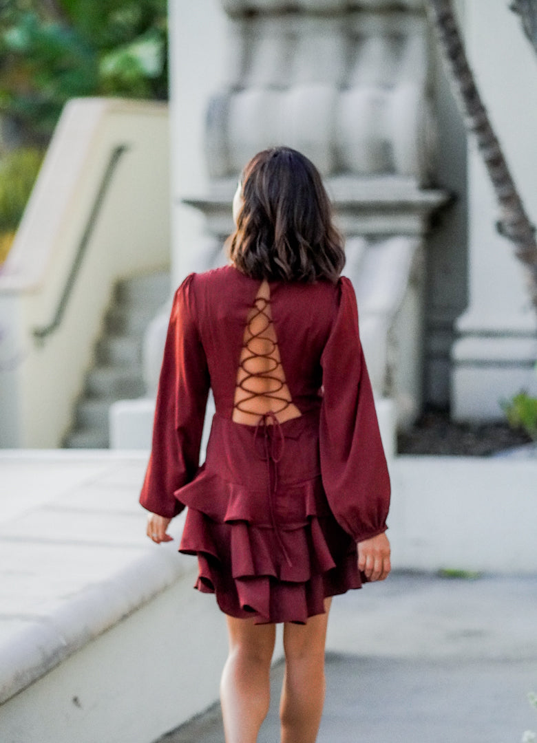 LONG SLEEVED LACE UP BACK DRESS- DARK RED