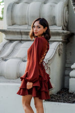 Load image into Gallery viewer, LONG SLEEVED LACE UP BACK DRESS- DARK RED